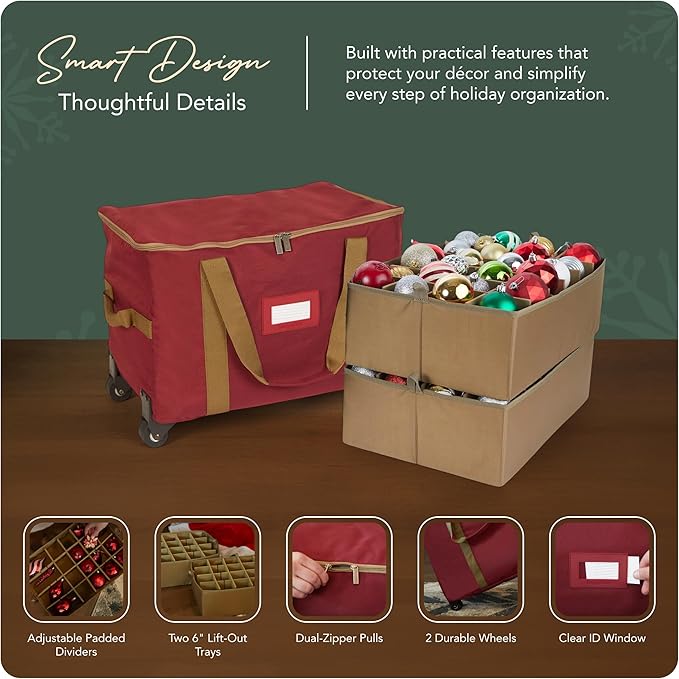 Covermates Keepsakes Rolling Adjustable Ornament Storage Bag – Heavy-Duty Polyester, FlexGrid Trays & Padded Dividers – Protective Holiday Organizer with Wheels, Handles & ID Window, Red