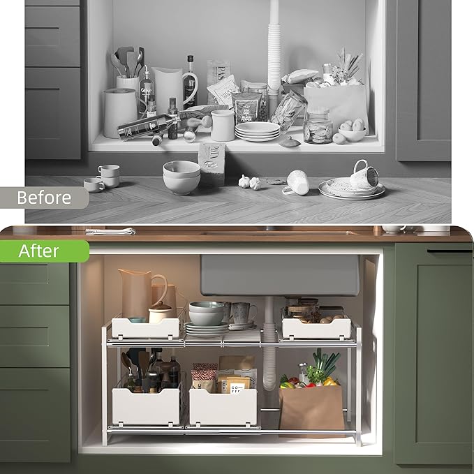 NETEL Pull Out Cabinet Organizer, Slide Out Drawers for Kitchen Cabinets, 2 Tier Expandable Pull Out Under Sink Organizers and Storage, 4 Pull-Out Metal Baskets, (21.5-31.64)" W X 14.69" D X 15.83" H