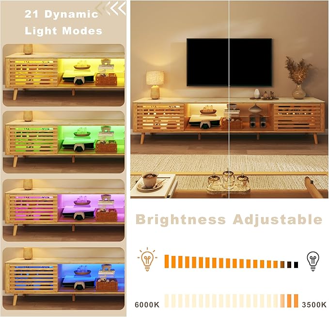 HUAHUU 70" TV Stand for 55/65/75 Inch TV, Faux Marble Top Entertainment Center with Slatied Sliding Door & LED Lights, Mid Century Modern Style, Low TV Console with Glass Shelves for Bedroom