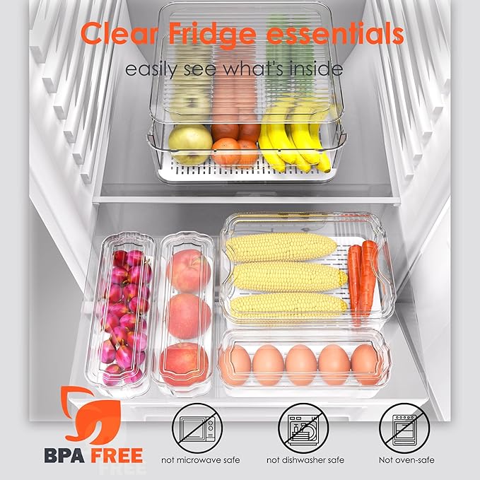 Fridge Organizers and Storage, 8 Pack Clear Freezer Organizer Bins with Lids for Kitchen, Pantry, Refrigerator, Food, Fruit, Vegetable Storage (8 Bins (Include Pull-out Drawer))
