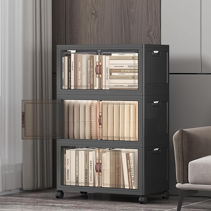 UAMFURI Extra Large Stackable Storage Bins with Lids & Wheels, Foldable Collapsible Closet Organizers Dark Storage Cabinet with Doors for Bedroom Dorm