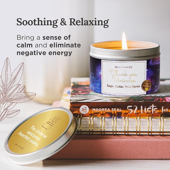MAGNIFICENT 101 Affirmation - Thank You Universe Aromatherapy Smudge Candle - 6 oz - 35-Hour Burn - Soy Wax, Sage, Cedar, Palo Santo Oils - for Energy Cleansing & Manifestation