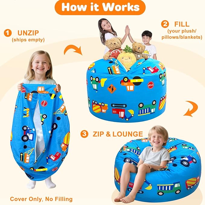 Lukeight Construction Stuffed Animals Storage Bean Bag Chair Cover Only (Ships Empty, No Filling) - Velvet YKK Zipper Beanbag Cover for Toddlers Kids, Washable Plush Toy Organizer, Large 27" D x 16" H