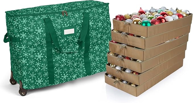Covermates Keepsakes Rolling Adjustable Ornament Storage Bag – Heavy-Duty Polyester, FlexGrid Trays & Padded Dividers – Protective Holiday Organizer with Wheels, Handles & ID Window, Green Snowflake