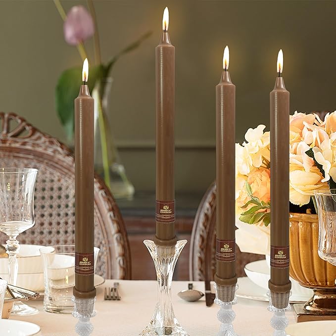 Brown Taper Candle 10 Inch Long Candlesticks Unscented Dripless Tapered Candle Set for Fall Decorations Home Wedding Party Dinner Candles, 4 Pack