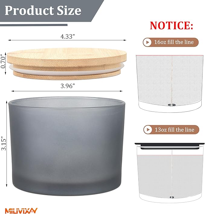 MILIVIXAY 6 Pack 16 oz Candle Jars with Bamboo Lids and Candle Making Kits - 3 Wick Candle Jar Bulk Empty Frosted Grey Thick Glass jars - Spice, Powde Spice, Powder Containers.