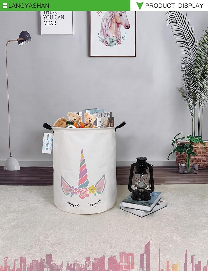 LANGYASHAN Laundry Basket Canvas Fabric Collapsible Organizer Basket for Storage Bin Toy Bins Gift Baskets Bedroom Clothes Children Nursery Hamper (Round Pink Unicorn)