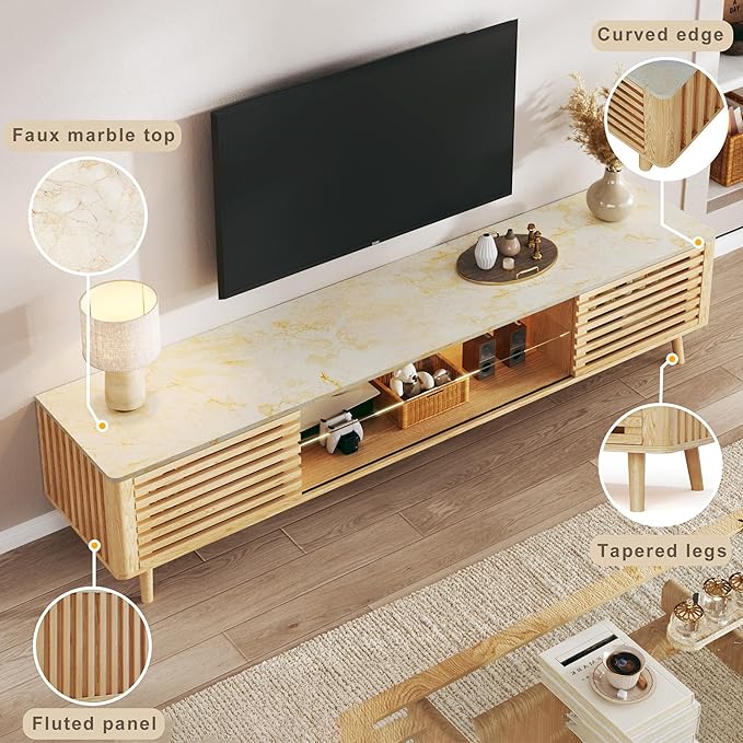 HUAHUU 70" TV Stand for 55/65/75 Inch TV, Faux Marble Top Entertainment Center with Slatied Sliding Door & LED Lights, Mid Century Modern Style, Low TV Console with Glass Shelves for Bedroom