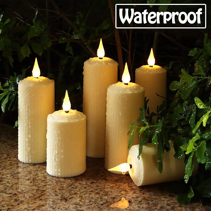 yunsheng Rechargeable Flameless Candles with Remote Timer, in/Outdoor Waterproof LED Flickering Pillar Candles Set of 6 (D2 x H4/5.5/6.5"), Battery Operated Candles Ivory Plastic Roman Column Candles