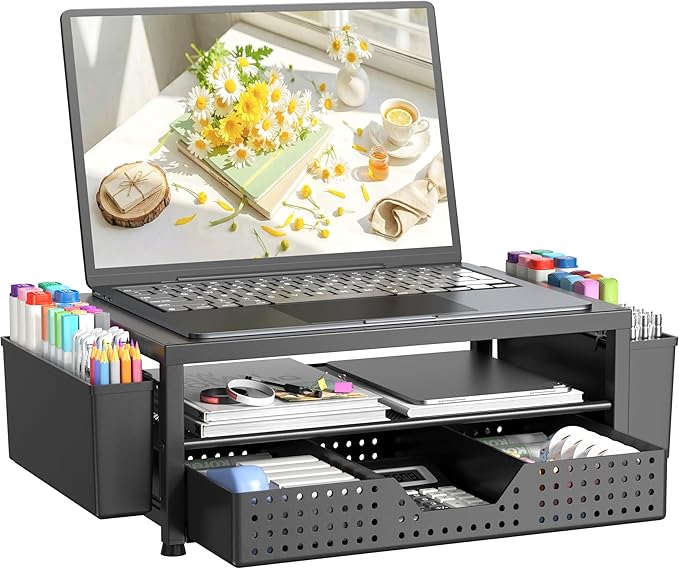 OPNICE Laptop Stand Desk Organizer, 2-Tier Metal Monitor Stand Riser with Drawer & 2 Pen Holders, Ventilated Perforated Steel Top, Office Desk Accessories for Home Office, Black