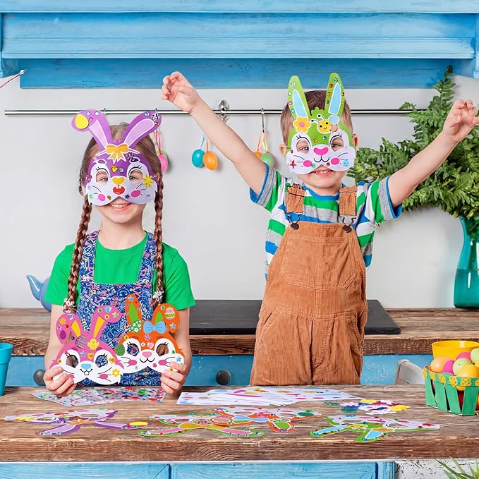 Funrous 48 Sets Easter Crafts Kit Easter Bunny Mask Paper Crafts Bulk DIY Make Your Own Rabbit Face Mask Activity Arts with Foam and Diamond Stickers Spring Classroom Gifts Project Party Favors