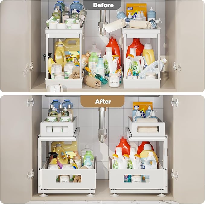 2 Pack Under Sink Organizer with Next-Gen Ball-Bearing Slides,2-Tier Pull Out Cabinet Storage,Height Adjustable Drawer Shelf for Bathroom,Kitchen,Laundry,Cabinet,Pantry(Patent Pending)