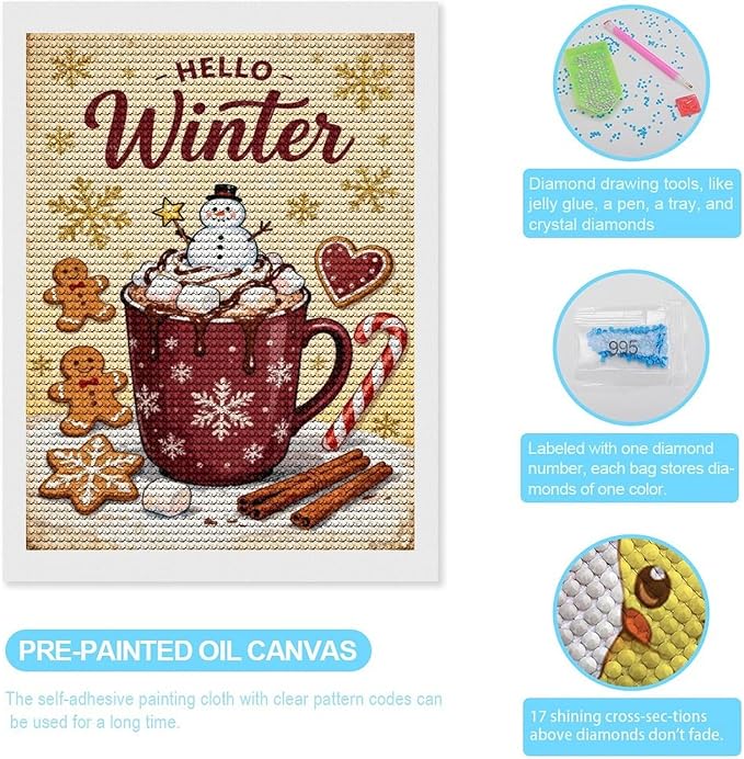 Diamond Painting Kits for Adults - Hello Winter Ice Cream & Gingerbread Snowflakes & Candles Painting DIY 5D Full Drill Diamond Dots Paintings with Diamonds Gem Art And Crafts Home Decor 12"x16"
