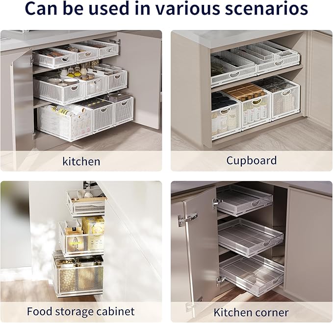 Pull Out Cabinet Organizer, No Drill Adhesive Sliding Drawers for Kitchen, Metal Mesh Wire Storage Shelf for Pantry & Under Sink, White (9.6" W x 11.8" D x 3.9" H)