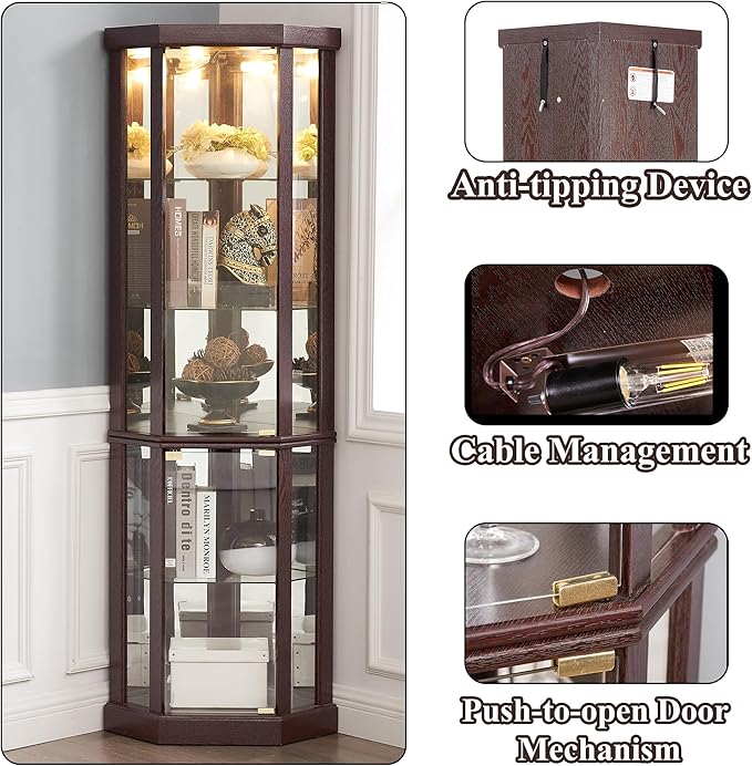 69" H Lighted Curio Cabinet Corner Display Case,Corner Glass Cabinets with Tempered Glass Door and Adjustable Shelves,Wooden Curio Cabinet with Mirrored Back Pane (Style 1 - Dark Cherry)