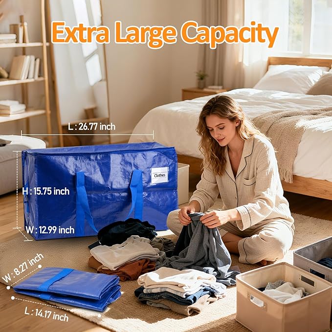 Storage Bags 2 Pack Waterproof Large Organizer Bags for Clothes Blanket Laundry Moving 65LB Load Capacity