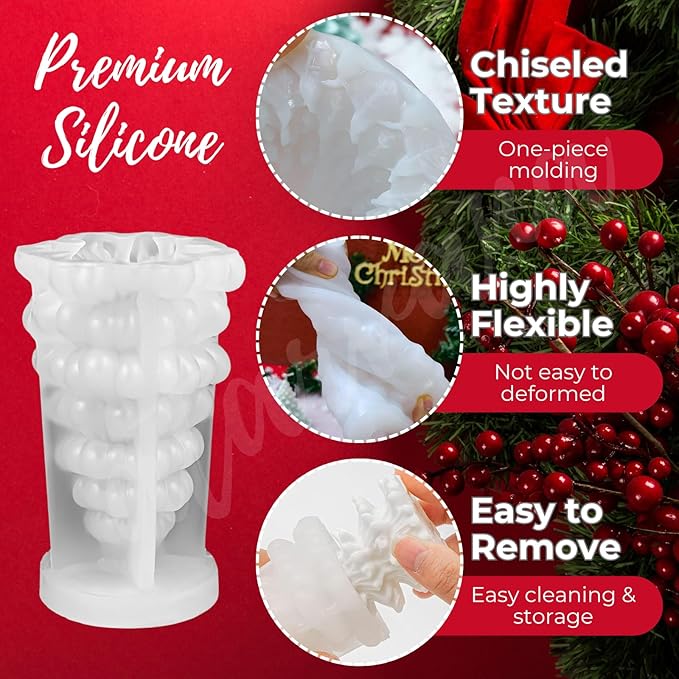 4pcs Christmas Silicone Mold Set for Candle Making, Atarvana 3D Christmas Candle Making Molds with 10pcs Candle Wick-Christmas Trees, Santa Claus, Pine and Ginger Man