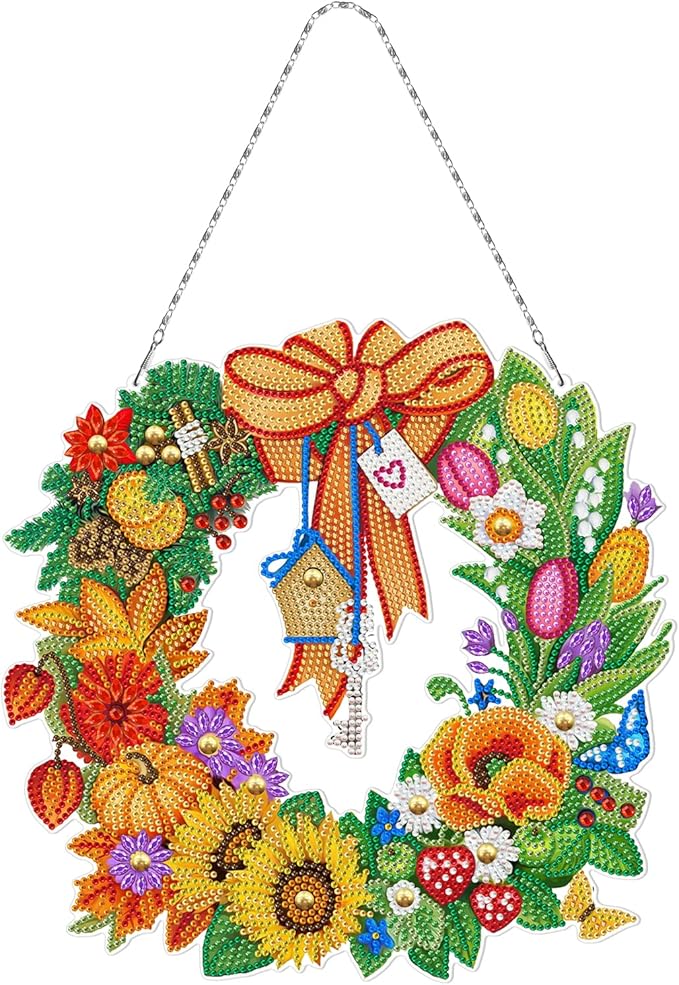 5D Diamond Dots Fall Wreath with LED Light String DIY Pumpkin Sunflower Diamond Art Painting Thanksgiving Wreaths Hanging Pendant Special Shaped Beads by Number Kits Farmhouse Wall Front Door Decor