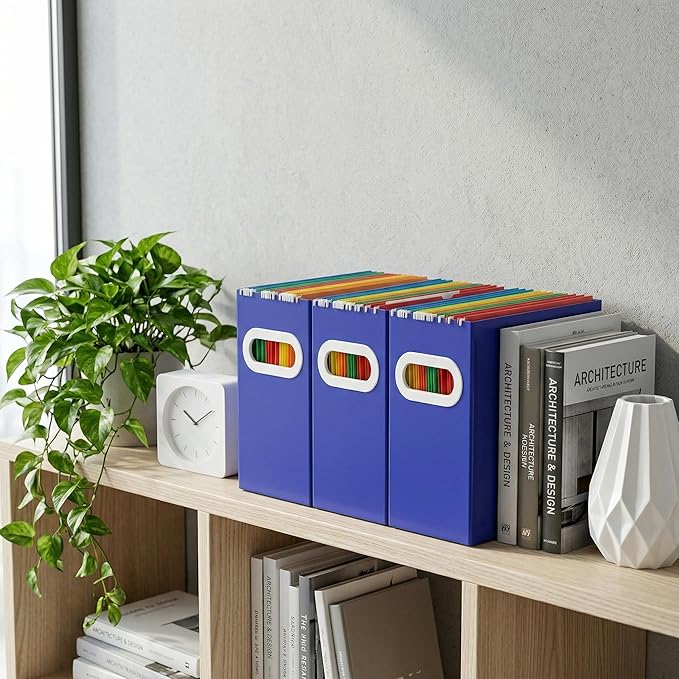 Hanging File Organizer Box, 3 Pack Dard Blue Cardboard File Folder Holder for Letter Size, Portable Desk Document Storage with Handles, for Office,Home,School