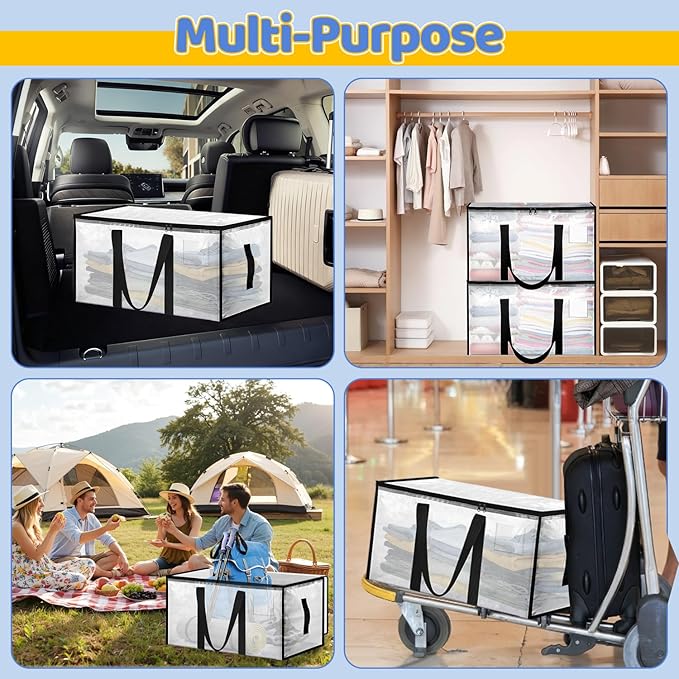 Large Moving Bags 4 Pack Heavy Duty Storage Bags with Reinforced Zipper and Wide Handles, Fold Flat Storage Totes with Tag Pocket, Idea for Space Saving, Alternative to Moving Box (88L, Clear)
