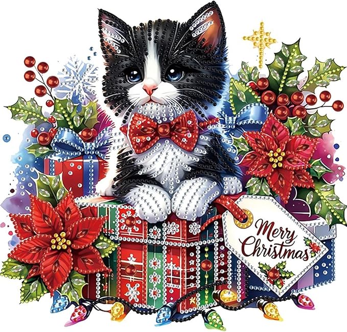 Xmas Gift Cat 5D Special Shape Diamond Art Kits for Beginners, Christmas Winter Theme Diamonds Painting Kits for Adults,DIY Crystal Rhinestones Diamond Paintings for Home Wall Decor 12×12Inch