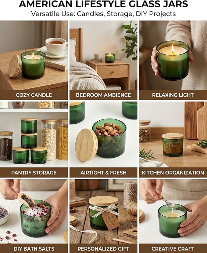 GLATABAM 4 OZ Candle Jars 12 Pack - Bulk Glass Candle Making Jars with Bamboo Lids & Labels, Heat Resistant Empty Reusable Candle Vessel for Containers(Green)