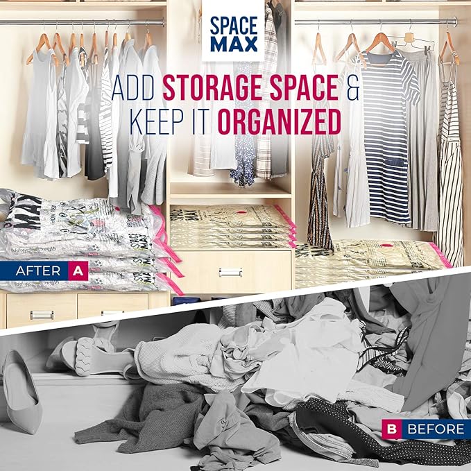 Large 6 Pack | SPACE MAX Premium Space Saver Vacuum Storage Bags - Save 80% More Storage Space - Reusable, Double Zip Seal & Leak Valve, Includes Travel Hand Pump