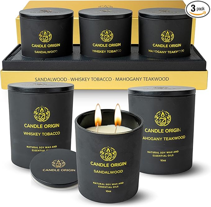 Mens Luxury Candles Gift Set – 3×10oz Masculine Scented Soy Wax Aromatherapy Candles – Sandalwood, Whiskey Tobacco, Mahogany Teakwood – Long Lasting, Non Toxic, Home, Office, Man Cave Decor