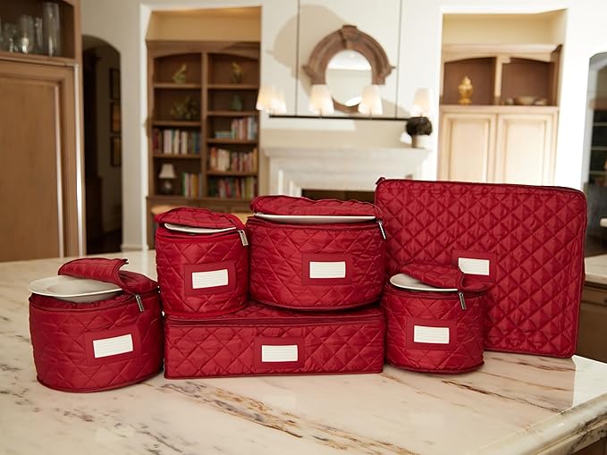 Covermates Keepsakes Dish Storage Set – Padded China & Dinnerware Storage Cases with Dividers, Cup & Stemware Storage, Quilted Polyester Protection, ID Window, Red
