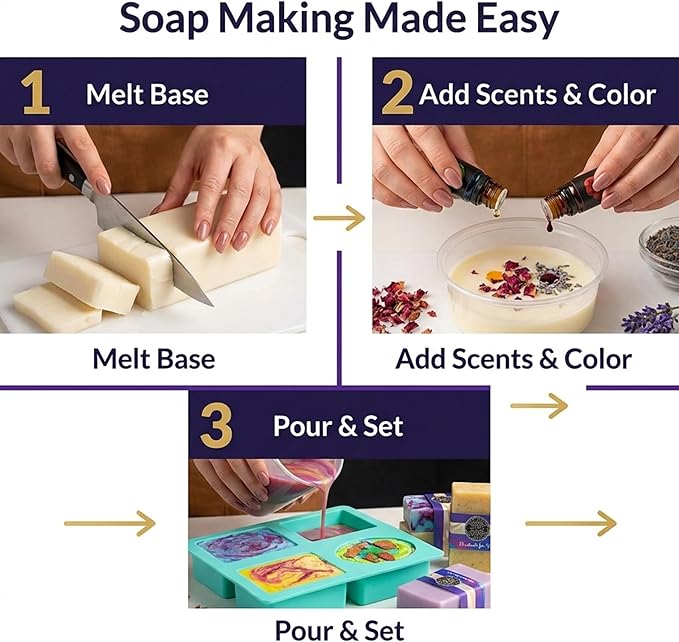 Soap Making Kit for Adults, Make Your Own Soap with Melt & Pour diy gentle soap supplies; 6 Essential Oils, Silicone Soap Mold, Spoon, Dried Flowers, 1.5lbs. Goats Milk Soap Base, 4 Colors, 9 Labels