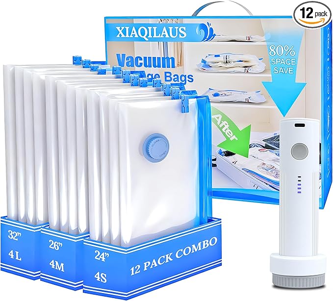 Vacuum Sealing Bags for Clothing Travel,Space Saver Vacuum Storage Bags with Wireless Air Pump (12 Combo Bags+Electric Pump)