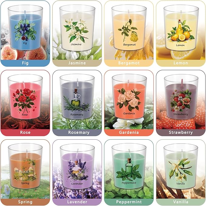 Aromatherapy Candles Set - 24 Pack Scented Candles with 12 Natural Fragrances, Votive Candles in Clear Plastic Jars for Home Decor, Stress Relief, Sleep, Ideal Gift for Women,Mother's Day, Birthday.