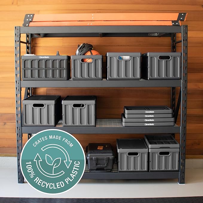 CleverMade Collapsible Storage Bins with Lids (62L, 3 Pack) – Heavy Duty Foldable Plastic Storage Crates for Garage, Closet & Trunk Organization - Ocean