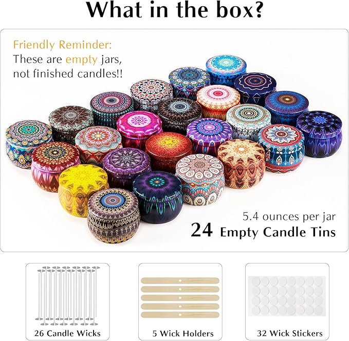 Domivirgo 24 Empty Candle Tins 5.4 oz with Lids - Simple Candle-Making Kit, Includes Wicks, Holders & Stickers, Multi-Purpose Storage Containers for Crafts & Small Items