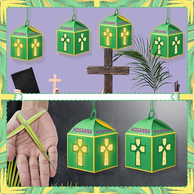 Simgoing 12 Sets Palm Sunday Crafts with LED Candles Easter Religious Palm Leaf Cross Tissue Paper Lanterns Craft Kits Sunday School Religious Holy Week Hanging for Easter Party Activities