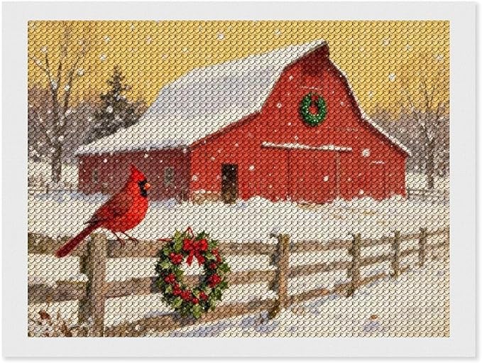 AIVKIEJK Diamond Painting Kits for Adults - Christmas Winter Cardinal, Red Barn Scene Painting DIY 5D Full Drill Diamond Dots Paintings with Diamonds Gem Art and Crafts Home Decor 12"x16"