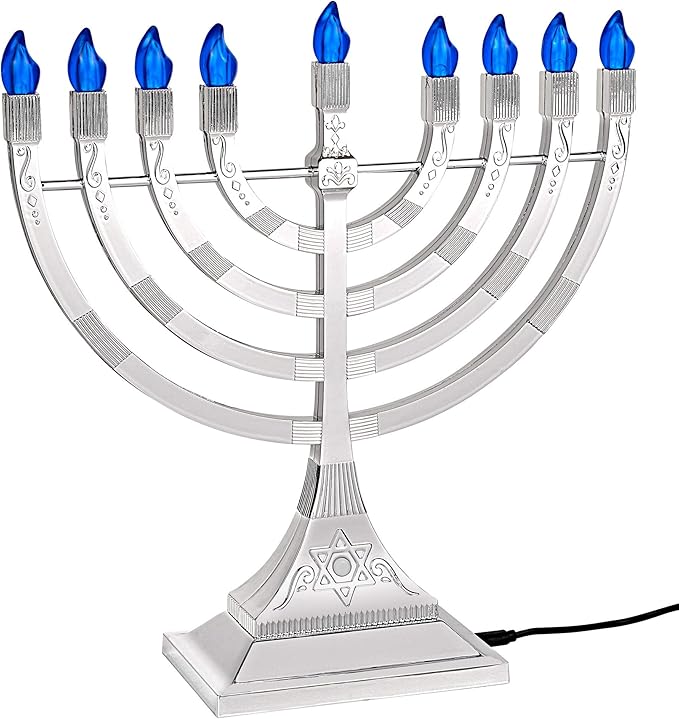Zion Judaica 12" LED Chanukah Menorah with Flame Shaped LED Bulbs Electric Menorah USB Powered or Batteries Electronic Minorah - 4' Cable Included Hanukkah Battery Menorahs Silver