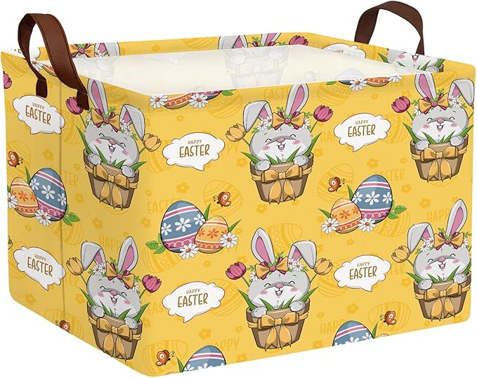 Large Cute Easter Basket for Kid Empty Gift Baby Rectangle Storage Bin Bunny Eggs Boy＆Girl Room Décor (Tulip Rabbit Yellow)