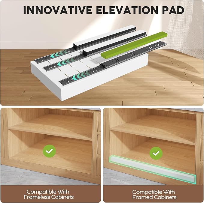Seinloes 4 Pack Pull Out Cabinet Organizers 21" Deep With Raising Pad for Framed Cabinets, Expandable Width (9"-14") Slide Out Drawers Upgrade 3 Slide Rails, Roll Out Shelves Adhesive, White