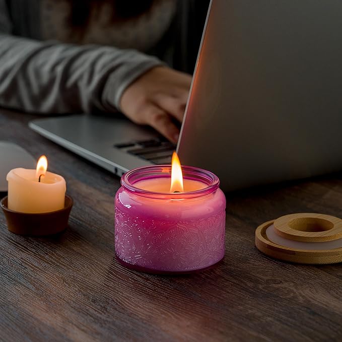 18-Pack 4oz Embossed Glass Candle Container with Bamboo Lids and Labels, Purple Candle Jars for Making Candles, Mandala Design