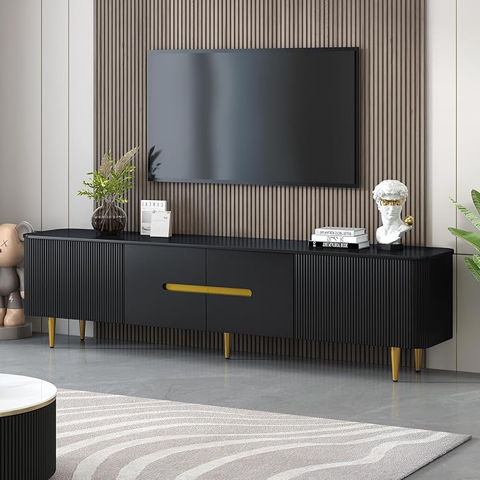 Amposei Modern TV Stand for up to 85-Inches TVs, Media Entertainment Center Console Cabinet with Storage for Living Room, Metal Legs, 78.7-Inch, Black