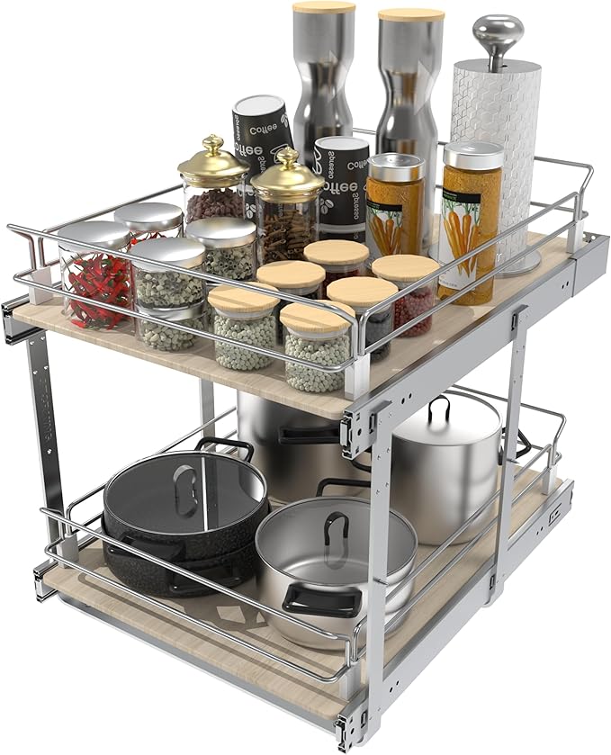 2 Tier Pull Out Cabinet Organizer 15" W X 22" D, Slide Out Drawers For Kitchen Cabinets, Pull Out Drawers For Cabinets Capacity Heavy Duty Caddy, Cabinet Pullout Shelves Wood Chrome, Pantry Storage