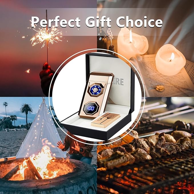 SKRFIRE Electric Rechargeable USB C Arc Plasma Lighter High Power Flame Cool Windproof Electronic Candle Lighters with LED Flashlight for Candle, Firework, Incense (Gold)