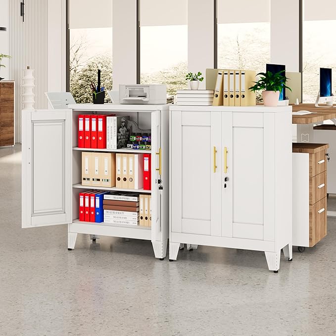 White Metal Storage Cabinet, 36" Tall Locking Storage Cabinet with 2 Adjustable Shelves, Steel Locker Organizer, for Office, Home, School, 11.81" D x 23.62" W x 35.83" H, 2PS