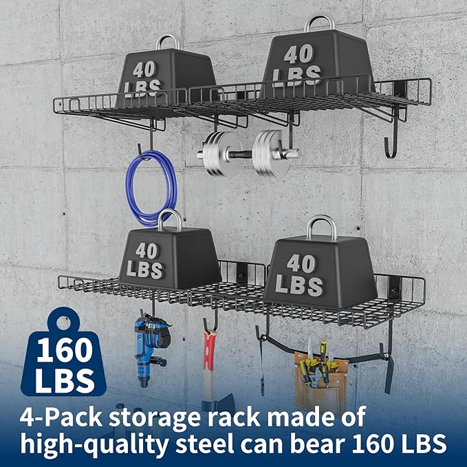 4 Pack Garage Wall Shelf, Wall Mounted Storage Shelves, Heavy Duty Metal Shelves for Room Wall, Loads 160 LBS Floating Shelves Mesh Storage Rack for Garage, Office, Basement,Wall Cabinet and Kitchen