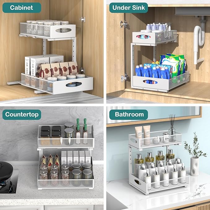 Housolution 2 Pack Large Under Sink Organizer, 2 Tier Metal Pull Out Under Sink Storage with Sliding Mesh Drawers, Height Adjustable Slide Out Under Cabinet Organizer for Kitchen Bathroom, White