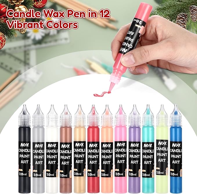 Conelist 24 Pcs DIY Candle Painting Kit with 12 Pcs Holiday Color Tape Candles and 12 Candle Wax Pens for Family Crafts Birthday Christmas Party Favors