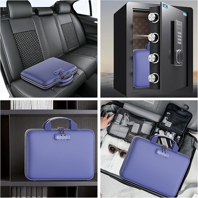 Fireproof File Organizer with Lock, Hard Case Fireproof Document Box with 13 Colorful Pockets Accordion File Folder, Important Document Organizer for Letter A4 Files Laptop Passports (Blue)