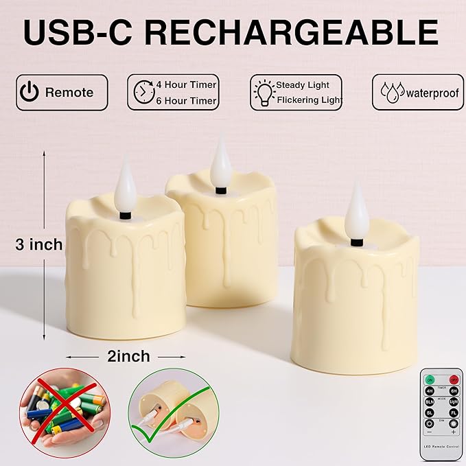Rechargeable Flameless LED Votive Candles with Timer Remote - 2'' x 3'' Waterproof Flickering Tealights Candle - Battery Operated Pillar Candles for Wedding, Party and Holiday Decor - 6PCS
