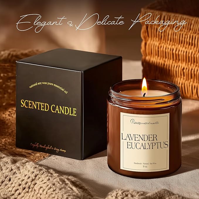 Lavender & Eucalyptus Scented Candles for Home, Natural Soy Wax Aromatherapy Non Toxic Candle Gifts for Women Men, Home Fragrance Decoration Glass Jar Candle for Meditation and Relaxation (9oz)